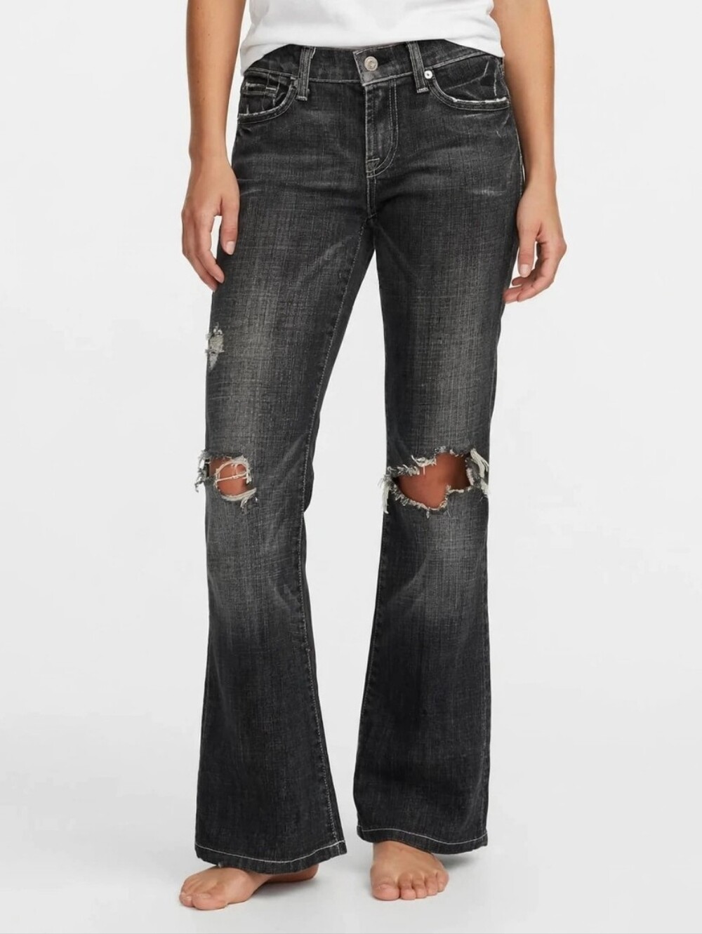 7 For All Mankind Womens Bootcut Flare Distressed Jeans Size 26 Dark Wash Black